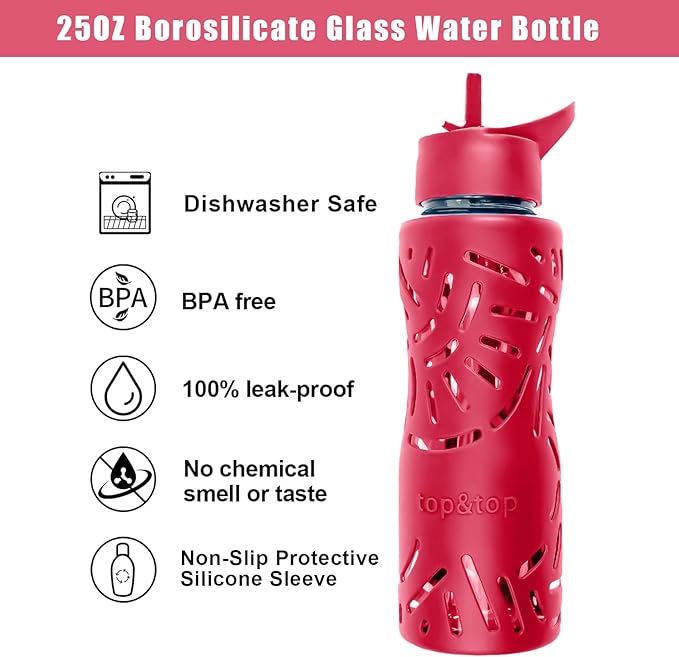25oz Glass Water Bottles with Silicone Sleeve, 3 Different Lids (BPA Free) for Wide Mouth Glass Drink Bottles for Fitness and Outdoor (Red)