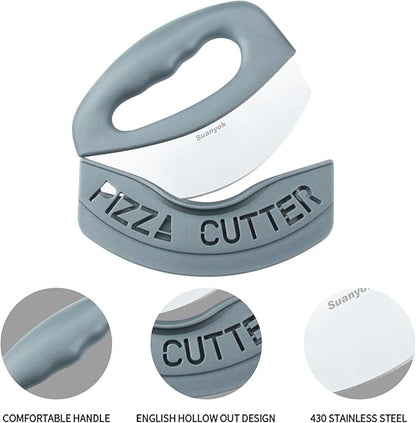 Premium Pizza Cutter Food Chopper-Super Sharp Blade Stainless Steel Pizza Cutter Rocker Slicer with Protective Sheath Multi Function Pizza Knife Kitchen Tools,Dishwasher Safe (Gray)