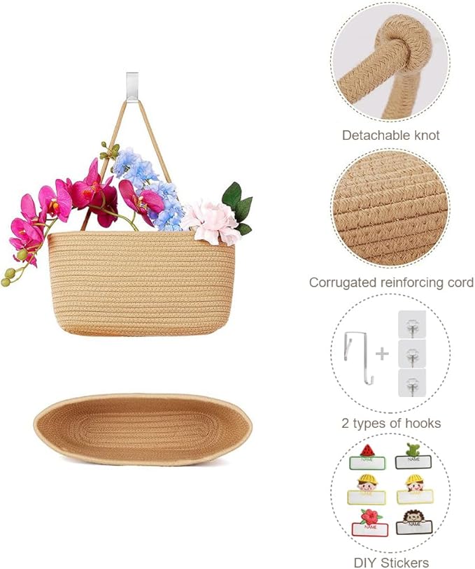 TeoKJ Over the Door Hanging Basket, 3-Tier Woven Cotton Wall-Mounted Storage Organizer Bag Decorative with Self Adhesive Write-On Sticker Hanging Nursery Baskets - Jute
