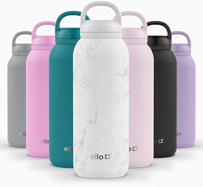 Ello Cooper Twist 40oz Stainless Steel Water Bottle with Chug Lid | Leak Proof | Double Walled and Vacuum Insulated | Built in Carry Loop | Dishwasher Safe | White Marble