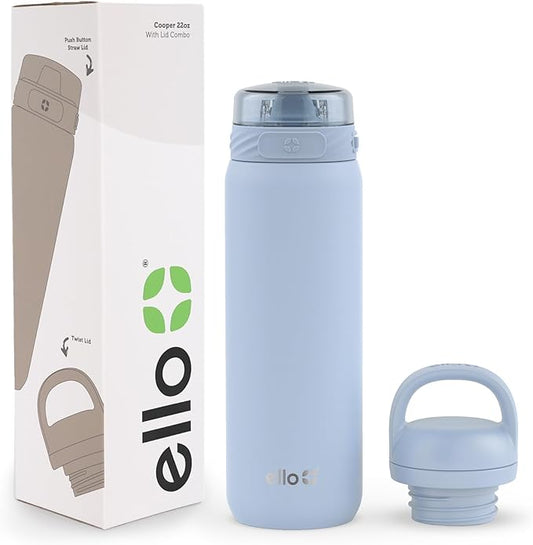 Ello Cooper 22oz Stainless Steel Water Bottle with 2 Lids Chug and Straw | Leak Proof Double Walled and Vacuum Insulated | Fits Car Cupholder | Built in Carry Loop | Dishwasher Safe | Halogen Blue
