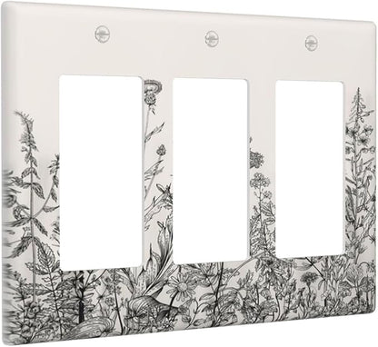 Vintage Grey Floral Herbs Wild Flowers Botanical 3 Gang Rocker Boho Light Switch Covers Decorative Country Unique Triple Outlet Wall Plate Cover Faceplate Decorative Switchplate GFCI