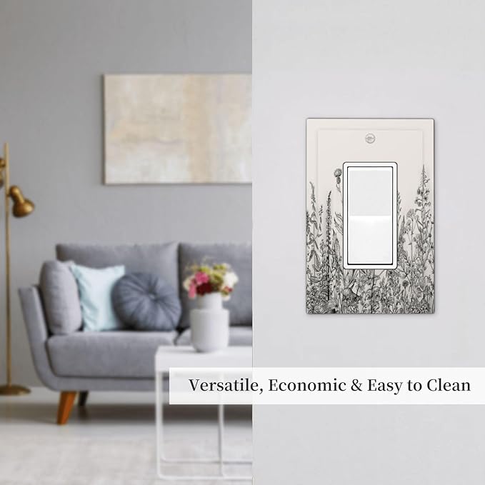 Vintage Grey Floral Herbs Wild Flowers Botanical 1 Gang Rocker Boho Light Switch Covers Decorative Country Unique Single Decora Outlet Wall Plate Faceplate Switchplate GFCI for Bedroom