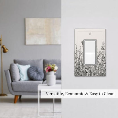 Vintage Grey Floral Herbs Wild Flowers Botanical 1 Gang Rocker Boho Light Switch Covers Decorative Country Unique Single Decora Outlet Wall Plate Faceplate Switchplate GFCI for Bedroom