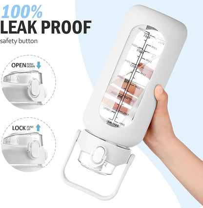 64 oz Glass Water Bottle with Straw and 2 Lids, Half Gallon Water Bottle with Sleeve, Large Insulated 2 Liter Glass Water Jug Time Marker with Handle - White