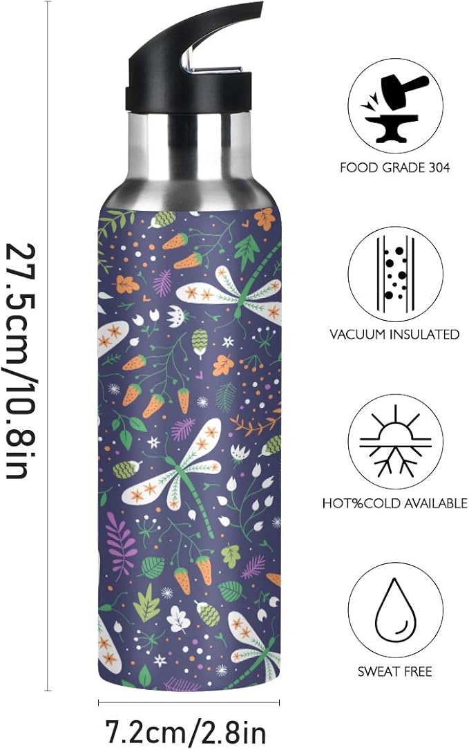 Blueangle Berries and Dragonflies Sports Water Bottle 22 OZ BPA Free Leakproof Water Bottle for Fitness Gym Camping Outdoor Sports