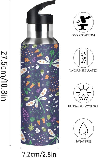 Blueangle Berries and Dragonflies Sports Water Bottle 22 OZ BPA Free Leakproof Water Bottle for Fitness Gym Camping Outdoor Sports