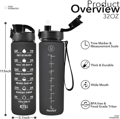 32 oz Water Bottle with Straw and Sleeve, Motivational Water Bottle with Time Marker and Adjustable Shoulder Strap, BPA Free Leakproof Sport Water Jug for Hiking, Gym