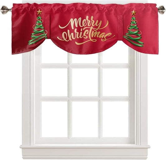 Merry Christmas Blackout Tie Up Valance Curtains for Kitchen Windows Christmas Tree Window Toppers Balloon Shades for Living Room/Bathroom/Bedroom,1 Panel,42" X 18" Winter Holidays
