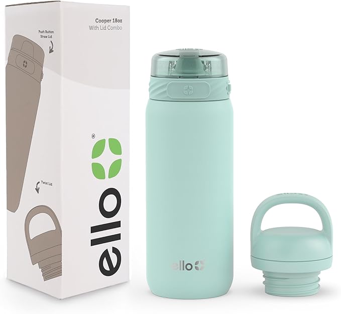 Ello Cooper 18oz Kids Stainless Steel Water Bottle with 2 Lids Chug and Straw | Leak Proof Double Walled and Vacuum Insulated | Fits Car Cupholder | Built in Carry Loop | Dishwasher Safe | Yucca