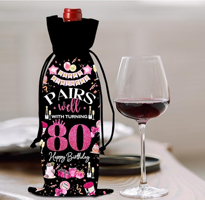 80th Birthday Gifts for Women Men Wine Bag, Birthday Gifts for 80 Year Olds Woman, 80th Birthday Party Decorations for Women Men, Pairs Well with Turning 80 Wine Bags (Black Pink)