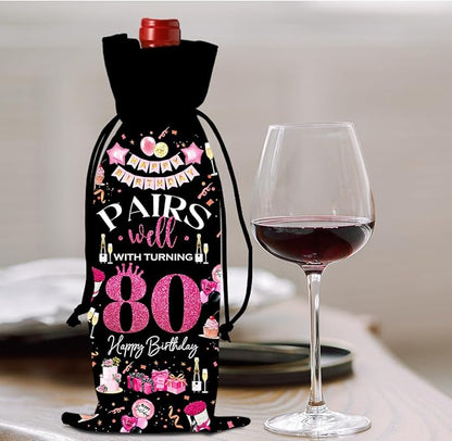 80th Birthday Gifts for Women Men Wine Bag, Birthday Gifts for 80 Year Olds Woman, 80th Birthday Party Decorations for Women Men, Pairs Well with Turning 80 Wine Bags (Black Pink)
