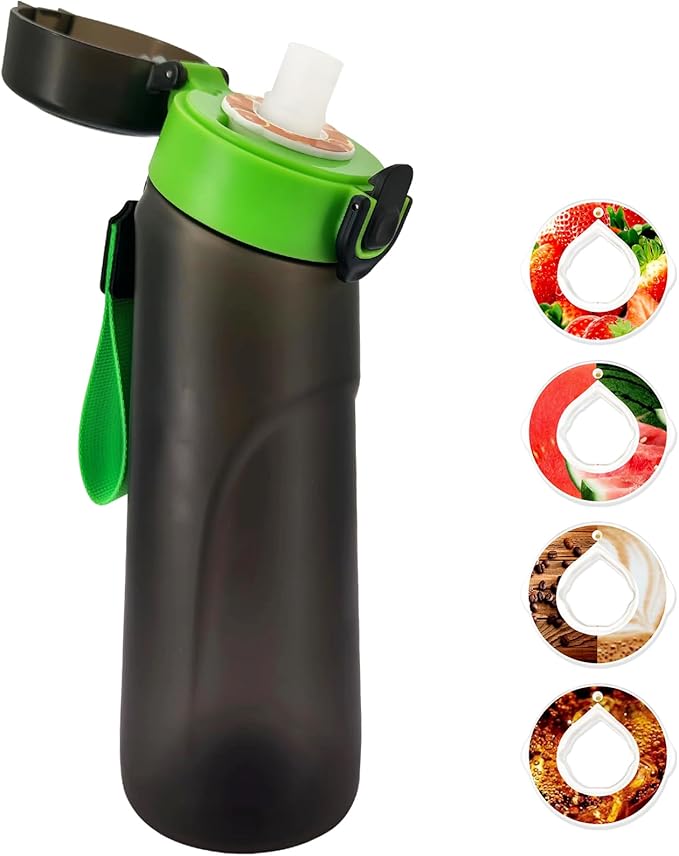 Air Water Bottle with Flavor Pods, 25 OZ Tritan Sports Water Bottle with Straw, Scented Water Bottle with Handle (Black Green+4 Flavor Pods)