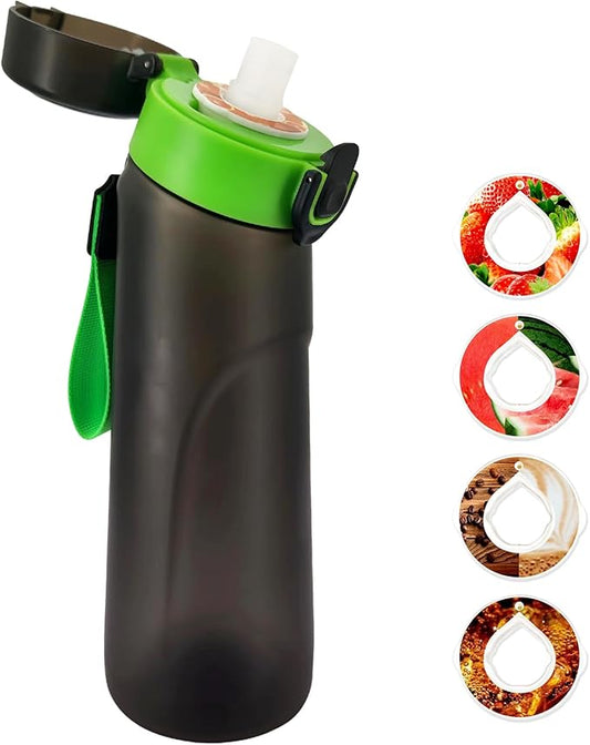 Air Water Bottle with Flavor Pods, 25 OZ Tritan Sports Water Bottle with Straw, Scented Water Bottle with Handle (Black Green+4 Flavor Pods)