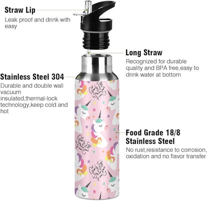 MNSRUU Insulated Water Bottle with Straw, Rainbow and Unicorns Stainless Steel Flasks for Sports Cycling Hiking School