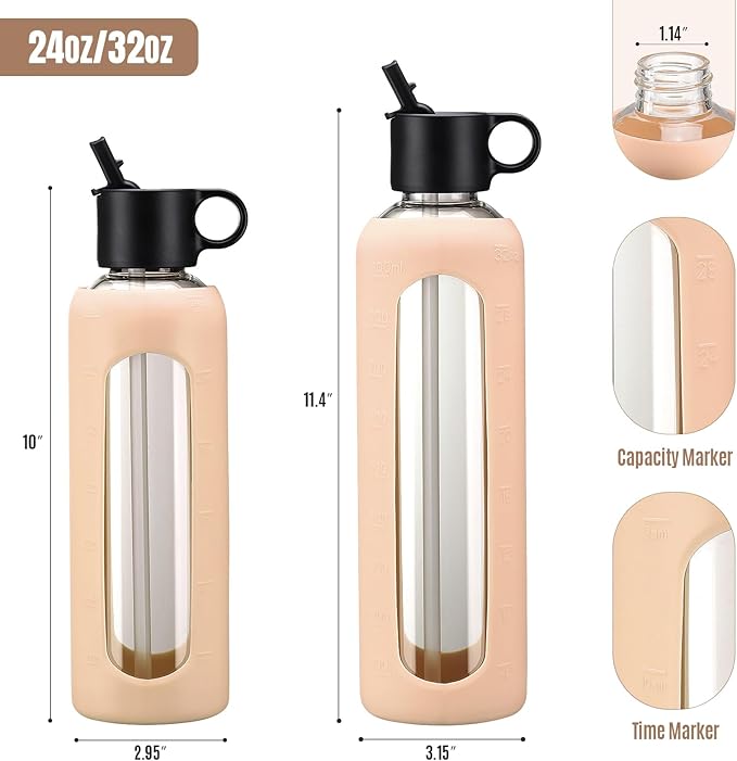 24oz Glass Water Bottle With 2 Lids-Flip Straw Lid, Bamboo Lid, Glass Water Bottle With Silicone Sleeve, Motivational Time Marker, Glass Juice Bottle for Cold Drink,Amber