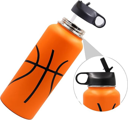 40 oz Basketball Water Bottle, Flask Sports with 2 Lids 18/8 Stainless Steel Travel Tumbler Double Wall Vacuum Insulated Hot/Cold Standard Metal Canteen (40oz, Basketball)