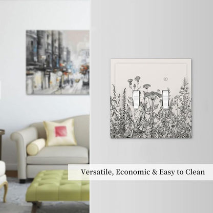 Vintage Grey Floral Herbs Wild Flowers Botanical Double Toggle Boho Light Switch Covers Decorative Country Unique 2 Gang Wall Plate Dual Electrical Faceplate Switchplate for Living Room