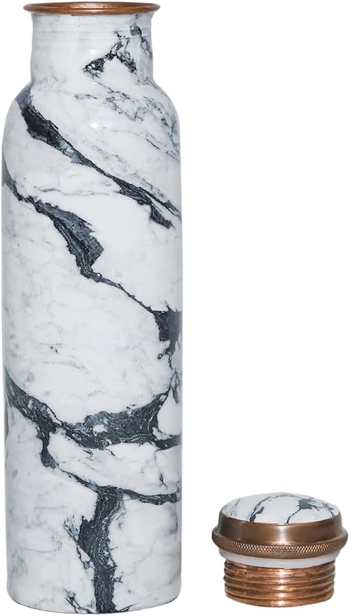 Copper Ayurveda Copper Water Bottle for Drinking – Travel Water Bottle for Gym, Yoga, Office, Hiking, Outdoor – with Lid (Yellw Pink floral) (White black marble)