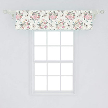 Ambesonne Shabby Flora Window Valance, Peonies Peas Roses Bouquet Butterflies Pastel Tones Bridal Theme, Curtain Valance for Kitchen Bedroom Decor with Rod Pocket, 54" X 12", Pink Green