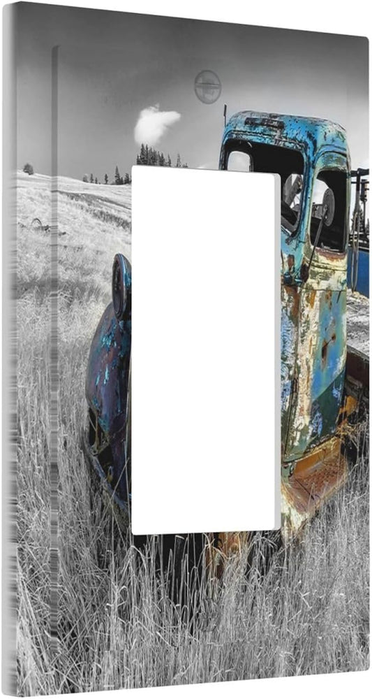Vintage Country Old Blue Truck 1 Gang Rocker Light Switch Plate Rustic Automobile Single Decora Outlet Wall Plate Cover Faceplate Decorative Switchplate GFCI for Bathroom Bedroom Livingroom Decorate