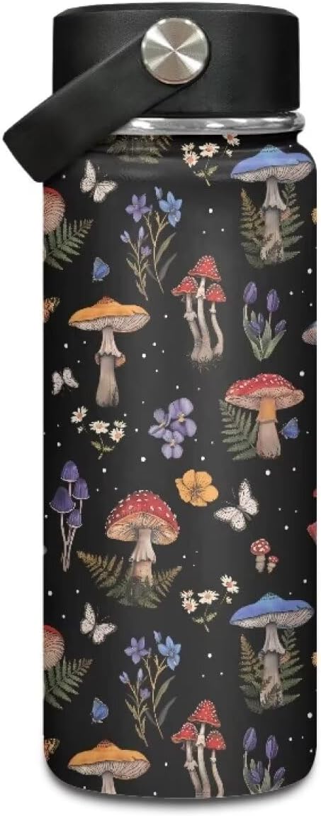 Mushroom Print Insulated Stainless Steel Water Bottle with Top Handle 20 Oz Vacuum Stainless Steel Sports Travel Water Bottle for Women Men