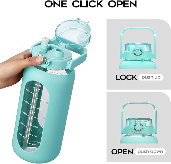 74 oz Glass Water Bolttles with Straw Large Motivational Water Bottle with Time Marker Sports Water Bottles with Silicone Sleeve and Handle Lid 2.2L Water Jug for Gym Workout