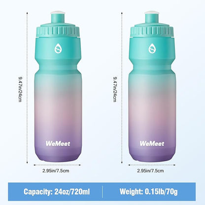 24oz Sport & Bike Squeeze Bottle, Leak Proof Bike Water Bottle with Capacity Scale, BPA Free, for Cycling, Mountain Biking, Running, Hiking (Green Pink Purple, 2 Pack)
