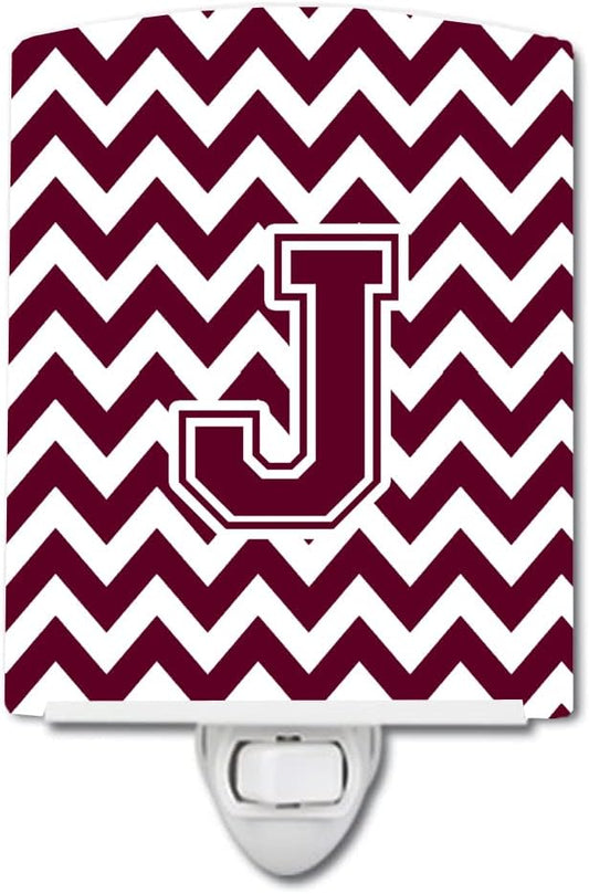 Caroline's Treasures CJ1051-JCNL Letter J Chevron Maroon and White Ceramic Night Light Compact, UL-Certified, Ideal for Bedroom, Bathroom, Nursery, Hallway, Kitchen, 6x4x3, Multicolor