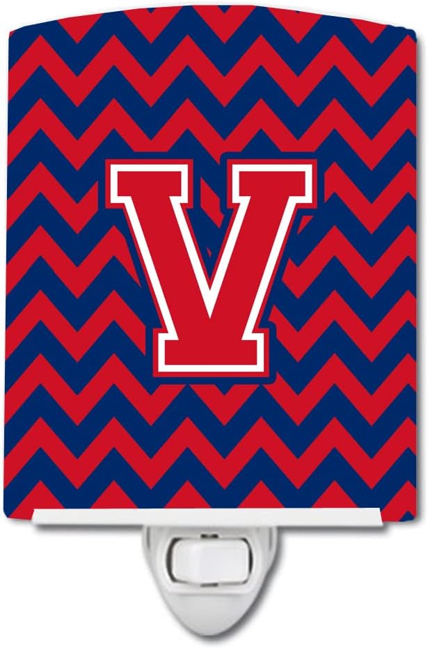 Caroline's Treasures CJ1054-VCNL Letter V Chevron Yale Blue and Crimson Ceramic Night Light Compact, UL-Certified, Ideal for Bedroom, Bathroom, Nursery, Hallway, Kitchen, 6x4x3, Multicolor