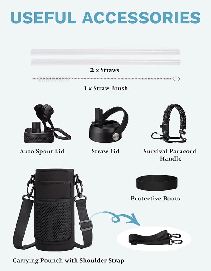 32 oz Insulated Water Bottle with Straw - Pop-up Spout Lid, Paracord Handle, Carrier Bag with Strap, Leak Proof Stainless Steel Water Bottle 32oz, Cold Flask Jug for Traveling Hiking