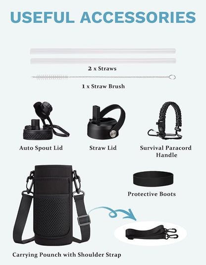 32oz Water Bottle with Straw - Spout Lid, Sweat-Proof Insulated Water Bottles 32 OZ, Wide Mouth Vacuum Insulated Water Bottle with Strap Carrier, Protective Boot & Paracord Handle Reusable Metal Flask