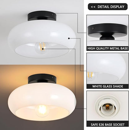 Mid-Century Modern Semi Flush Mount Ceiling Light, Metal Kitchen Light Fixture with Glass Shade,Vintage White and Black Colse to Ceiling Lamp for Entryway Hallway Bathroom (11.0 Inch)
