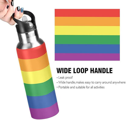 20oz Gay LGBT Rainbow Pride Flag Sports Water Bottle,Double Wall Vacuum Insulated Stainless Steel Lesbian Water Bottle with Straw Keeps Hot＆ Cold, Bike Running Travel Pride Day Month Gifts