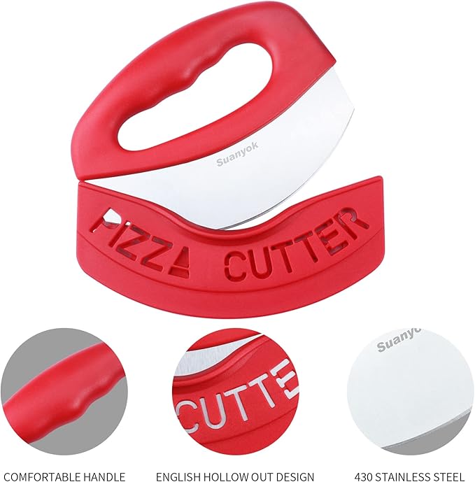 Premium Pizza Cutter Food Chopper-Super Sharp Blade Stainless Steel Pizza Cutter Rocker Slicer with Protective Sheath Multi Function Pizza Knife Kitchen Tools,Dishwasher Safe (Red)