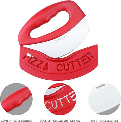 Premium Pizza Cutter Food Chopper-Super Sharp Blade Stainless Steel Pizza Cutter Rocker Slicer with Protective Sheath Multi Function Pizza Knife Kitchen Tools,Dishwasher Safe (Red)
