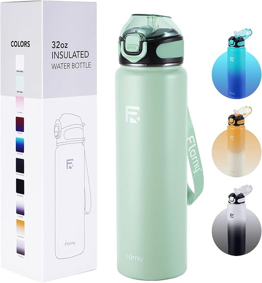 32 oz Insulated Water Bottle with Straw, Stainless Steel Metal Thermos Bottles, Durable Non-Slip Gradient Bottle with Strap for Sports and Travel, Leak Proof (Mint Matte)