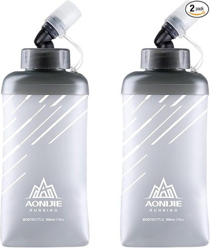 Azarxis TPU Soft Flask Folding Collapsible Water Bottles BPA-Free for Hydration Pack - Ideal Trail Running Hiking Cycling Climbing (500ml/16.91oz - 2 Pack)