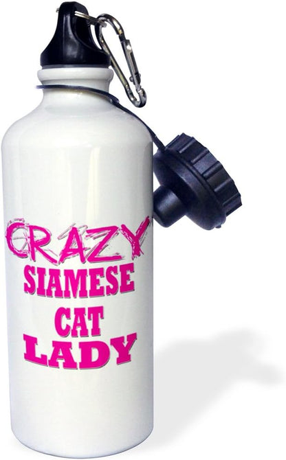 3dRose Crazy Siamese Cat Lady-Sports Water Bottle, 21oz , 21 oz, Multicolored