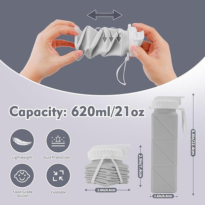 20 oz Water Bottle Collapsible | BPA Free Leakproof Lightweight Foldable Silicon Water Bottles | Twistable Water Cup | for Travel Gym Hiking Outdoor Camping Running Cycling Sports (Gray)