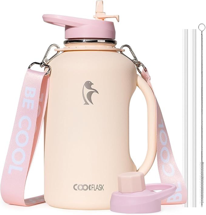 64oz Insulated Water Bottle, Coolflask Half Gallon Water Jug With Handle Straw Stainless Steel Double-Walled Vacuum Metal Large Flask With Strap Non-BPA Leakproof, Keep Cold 48 Hrs, Apricot Pink