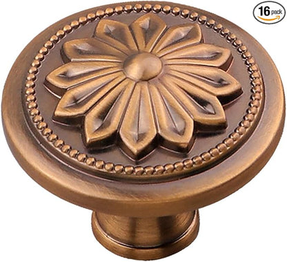 16 Pack Antique Brass Kitchen Cabinet Knobs Vintage,1-2/5" Round Antique Knobs for Cabinets and Drawers Vintage Brass Dresser Knobs Drawer Knobs Handles