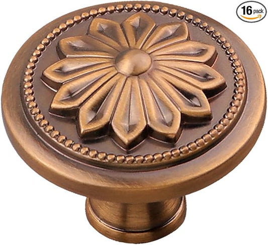 16 Pack Antique Brass Kitchen Cabinet Knobs Vintage,1-2/5" Round Antique Knobs for Cabinets and Drawers Vintage Brass Dresser Knobs Drawer Knobs Handles