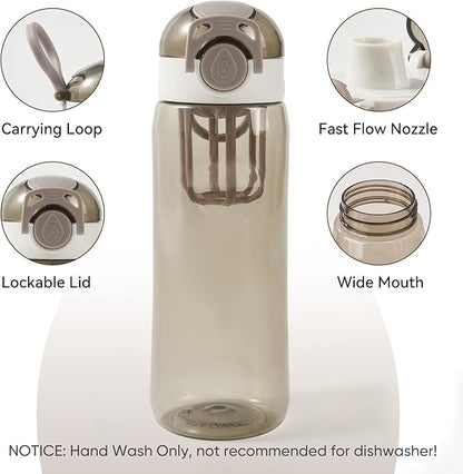 28oz Water Bottle with Fruit Infuser Strainer, BPA-Free Sports Water Bottle, One-Click Clear Water Bottle with Safety Lock for Office, Gym, Outdoors, Grey