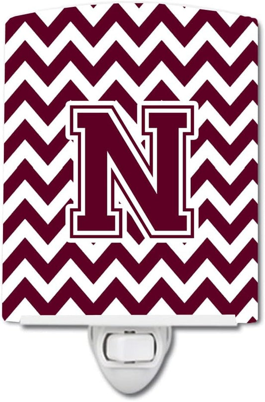 Caroline's Treasures CJ1051-NCNL Letter N Chevron Maroon and White Ceramic Night Light Compact, UL-Certified, Ideal for Bedroom, Bathroom, Nursery, Hallway, Kitchen, 6x4x3, Multicolor