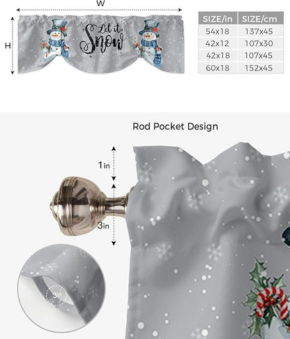 Snowman Christmas Blackout Tie Up Valance Curtains for Kitchen Windows Let It Snow Winter Holiday Window Toppers Balloon Shades for Living Room/Bathroom/Bedroom,1 Panel, 60" X 18", Grey White