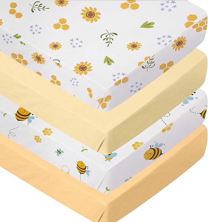 4 Pack Bees Crib Sheets for Girls Breathable Fitted Standard Crib Sheets Crib Sheets Girl for Standard Crib Mattress Baby Gift Set
