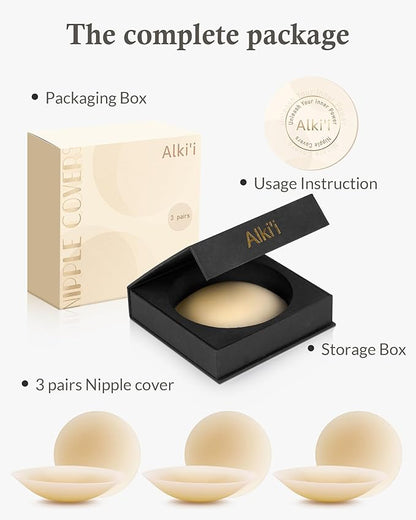 Alki'i Nipple Covers Pasties 3 Pairs, Sticky Bra No Show,Silicone Adhesive Strapless Bra, Reusable Breast Petals for Women