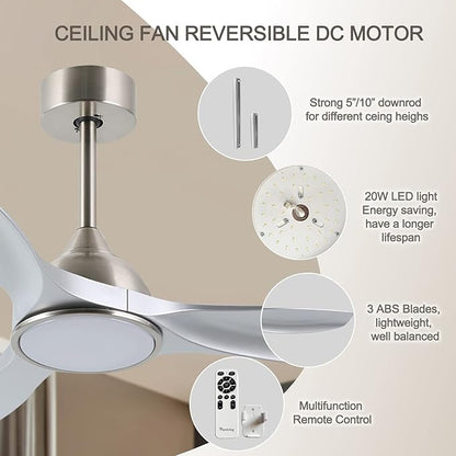 52 Inch Quiet DC Motor 6 Speed High CFM Modern Ceiling Fan with Lights Remote Control, 3 Blade Indoor Silver Ceiling Fan for Bedroom, Office, Living Room