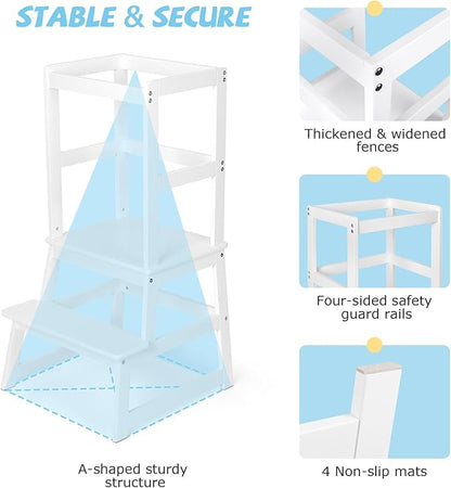 Kids Kitchen Step Stool, Standing Stool with Safety Rail for Toddlers 18 Months and Older, Safety Anti-Slip Protection, Removable Step Stool for Adult Use, White
